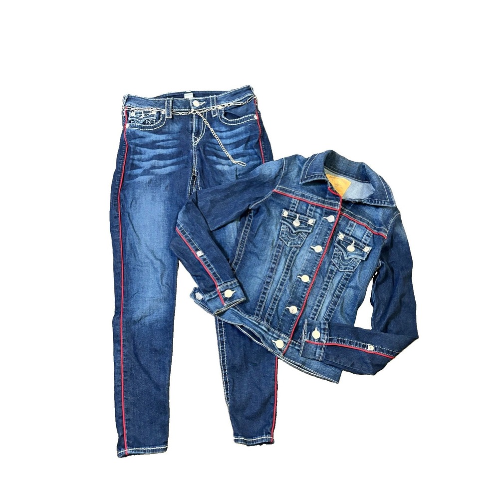 True Religion Women Denim 2Pc Set Red Piping Trucker Jacket XS Jeans 29 Chai